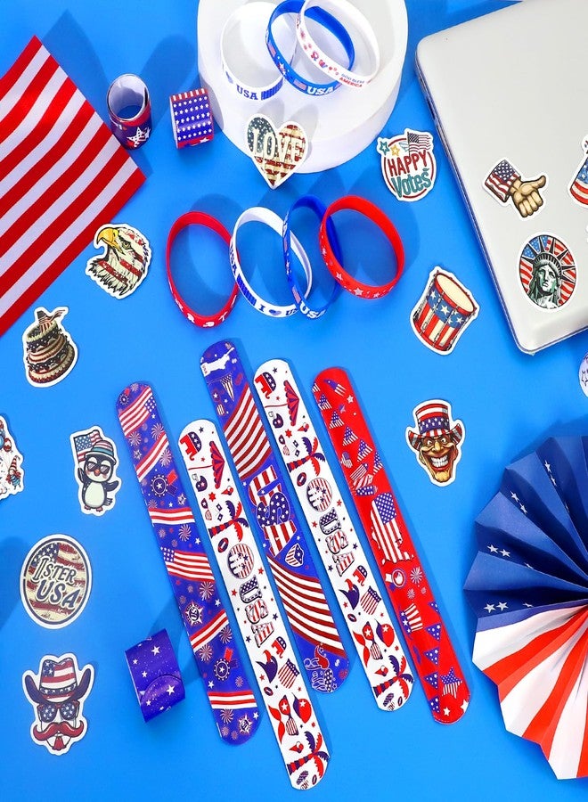 FINDRICH 93PCS 4th of July Favors - USA 250 Patriotic Party Favors with Red White and Blue Silicone Bracelets Slap Bracelets Stickers Gift for Veteran USA 250 Patriotic Accessories - Image 5